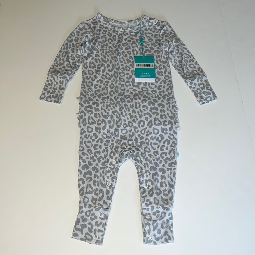 NWT Posh Peanut Minka Snow Leopard Ruffle Romper - 9-12 months